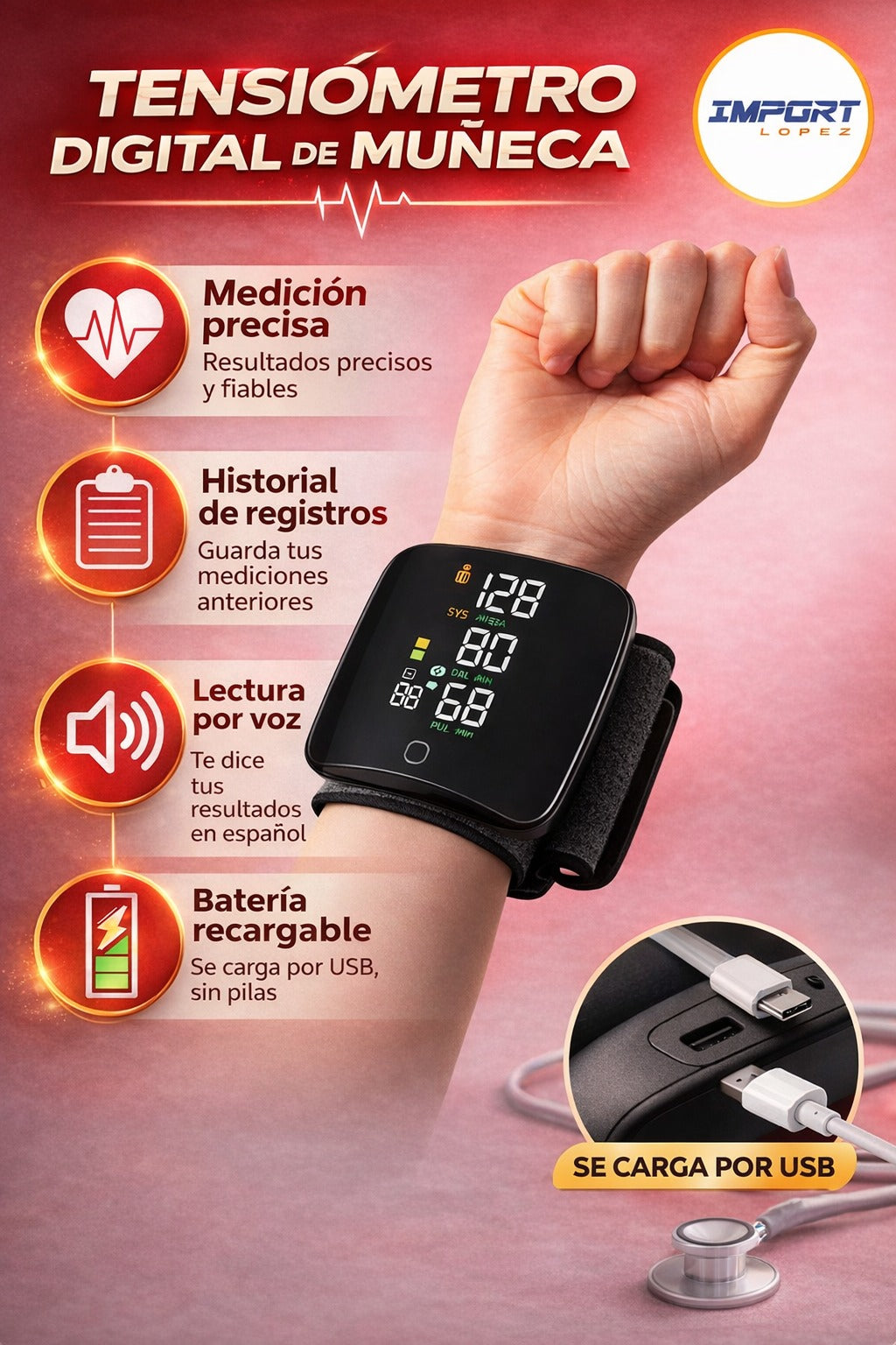 🩺 Tensiómetro Digital de Muñeca Recargable